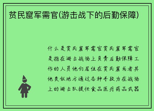 贫民窟军需官(游击战下的后勤保障)